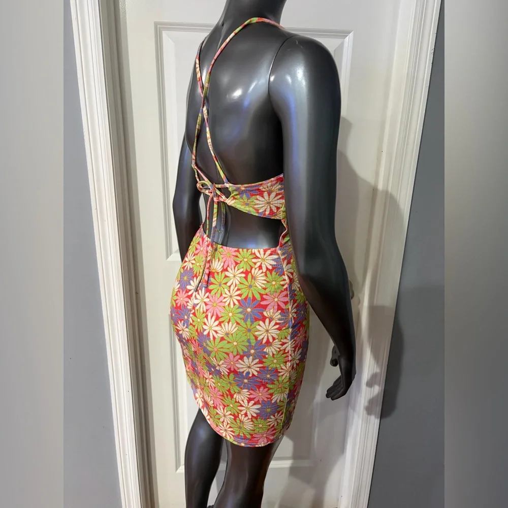 BERSHKA Floral Daisy Multi-Color Spaghetti-Strap Mini Dress - Picture 2 of 4
